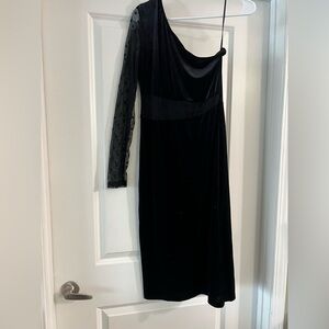 SHEIN Black Velvet One-Shoulder Dress with Sheer Sleeve